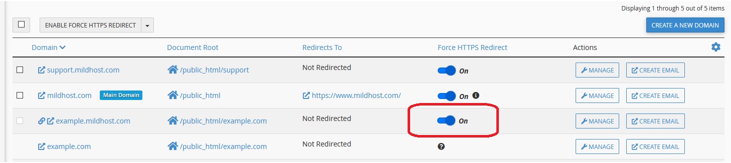 Enable Force HTTPS Redirect for Addon Domains