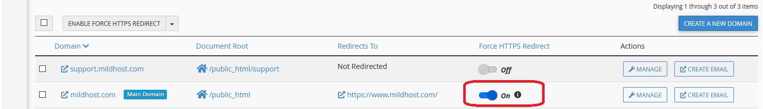 Enable Force HTTPS Redirect for Domains
